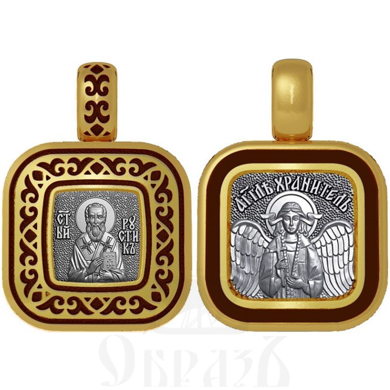 нательная икона священномученик рустик парижский, серебро 925 проба с золочением и эмалью (арт. 01.095)